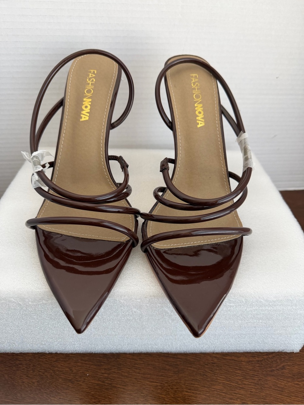 Fashion Nova Brown Patent Pointed Strappy Heels